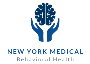 NY Medical Behavioral Health logo with two hands holding a graphic of a brain